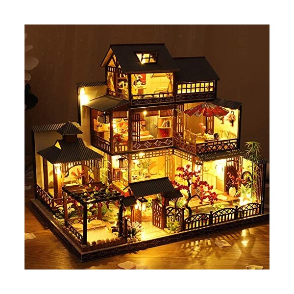 LANGWEI Dollhouse DIY Miniature Room Set, 3 étages Hot Spring Villa Assembly Model Toys avec Cache-poussière | DIY Dollhouse 