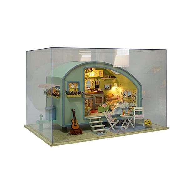 LOVOICE Kit Maison Miniature,poupée en Bois avec Musique et lumière - Ensemble Meubles Petite Maison, idée Cadeau Chambre cré