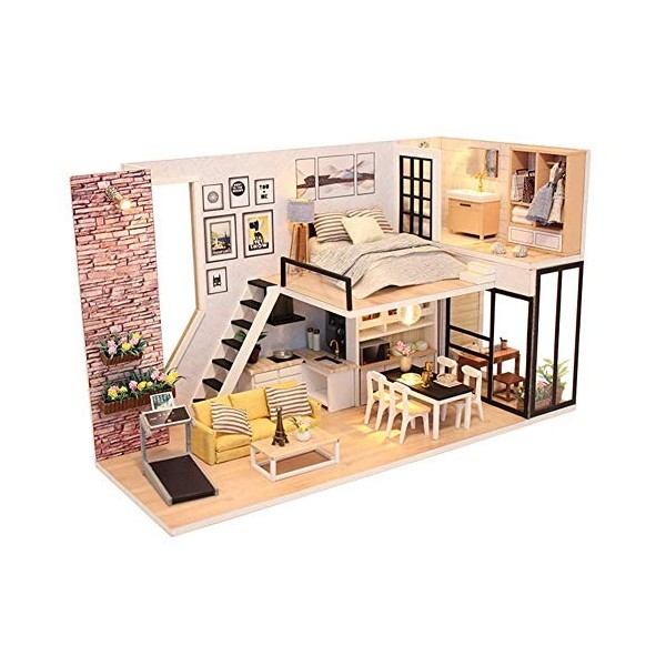 XBSLJ Maisons pour poupées Kit de Meubles en Bois de Maison de poupée Miniature Bricolage, Mini modèle dappartement Moderne 