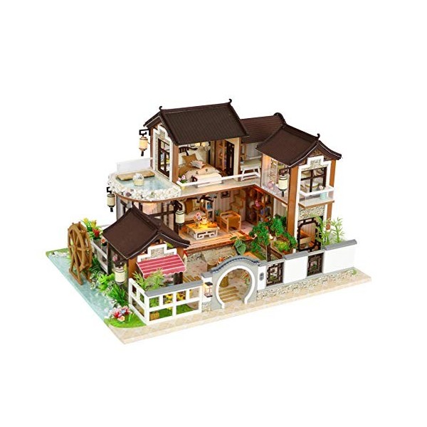 Cool Beans Boutique 1:24 Kit maison de poupée miniature en bois manoir traditionnel asiatique avec housse anti-poussière – Ki