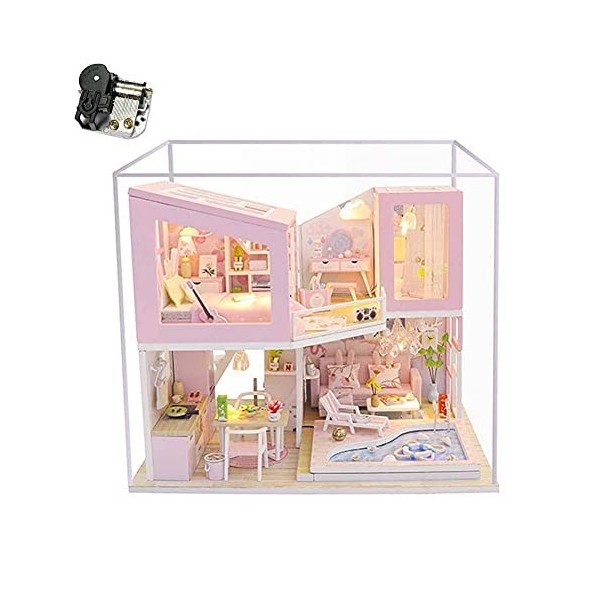 Kit Miniature De Maison De Poupée Bricolage avec Anti-Poussière Et Boîte À Musique Rose Piscine Villa Maison De Poupées en Bo