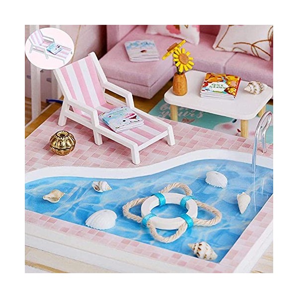 Kit Miniature De Maison De Poupée Bricolage avec Anti-Poussière Et Boîte À Musique Rose Piscine Villa Maison De Poupées en Bo