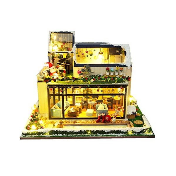 Kit de maison de poupée miniature bricolage Impression de maison de poupée en bois de Noël nordique avec lumière LED Puzzle A