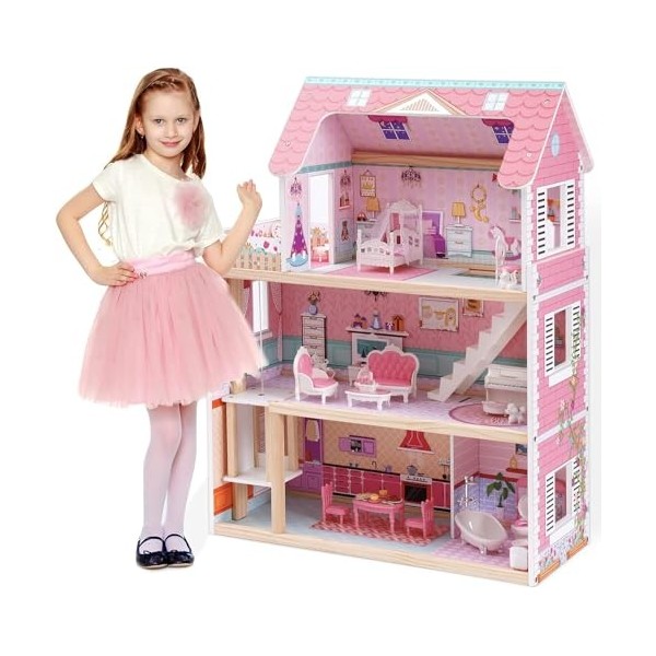 ROBUD Maison de poupée en Bois pour Filles, Jouets pour Enfants, Maison de poupée avec Accessoires de Meubles, Maison de poup