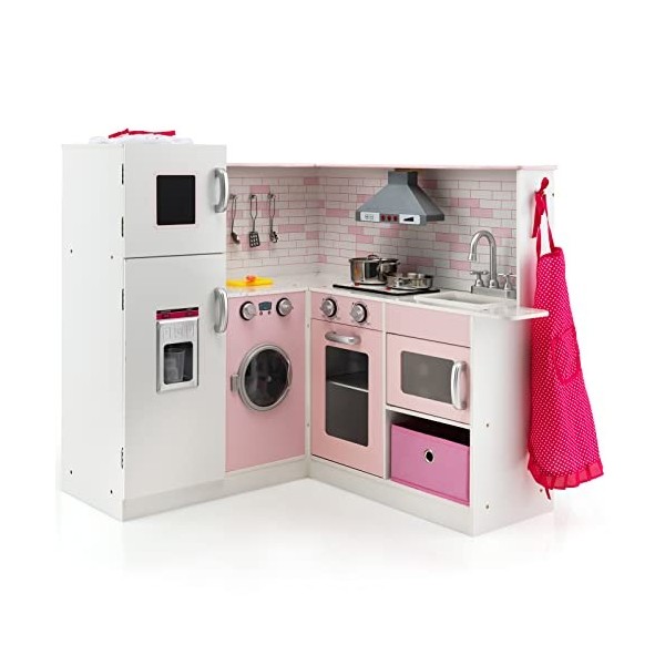 GOPLUS Maison de Poupée avec Cuisine Enfant 2 en 1, Grande Ville de Poupées Incluant Accessoires et Mobilier, Maison à Double