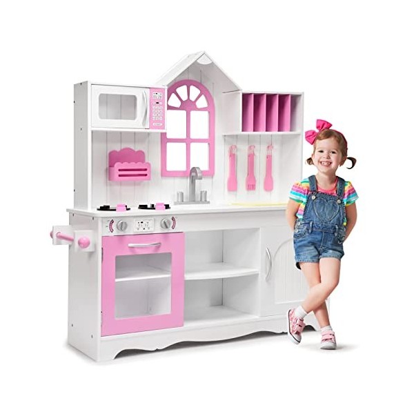 GOPLUS Maison de Poupée avec Cuisine Enfant 2 en 1, Grande Ville de Poupées Incluant Accessoires et Mobilier, Maison à Double