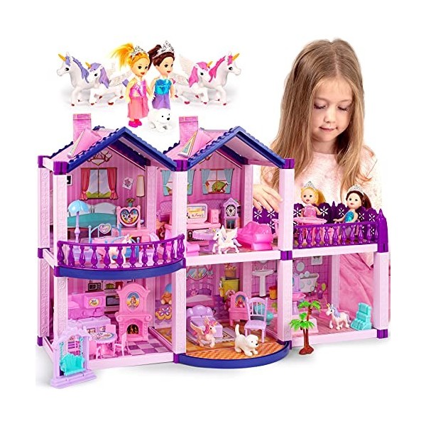 TOMLEON Maison de poupée avec princesses, 4 licornes et chiens – Maison de rêve rose/violet pour petites filles – 4 pièces av