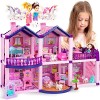 TOMLEON Maison de poupée avec princesses, 4 licornes et chiens – Maison de rêve rose/violet pour petites filles – 4 pièces av