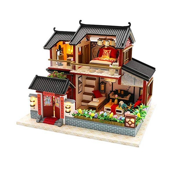 XBSLJ Maisons pour poupées Kit de Maison de poupée Bricolage en Bois, Miniature à léchelle 1:24 avec Meubles, lumières LED e