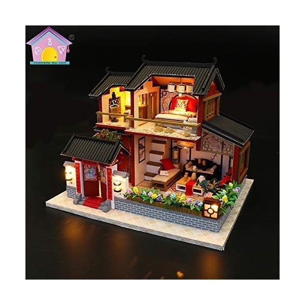 XBSLJ Maisons pour poupées Kit de Maison de poupée Bricolage en Bois, Miniature à léchelle 1:24 avec Meubles, lumières LED e