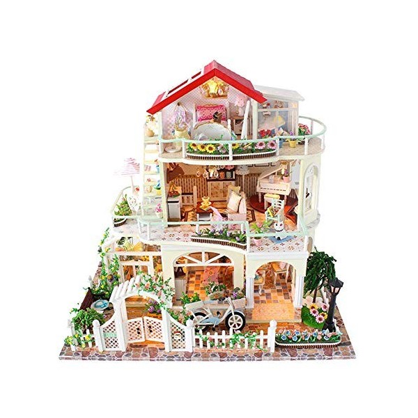 Maison de poupée 3D Bricolage Miniature 3 étages Jardin Villa modèle de Construction en Bois Maison de poupée Meubles LED Kit
