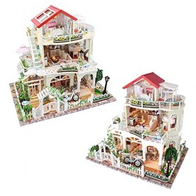 Maison de poupée 3D Bricolage Miniature 3 étages Jardin Villa modèle de Construction en Bois Maison de poupée Meubles LED Kit