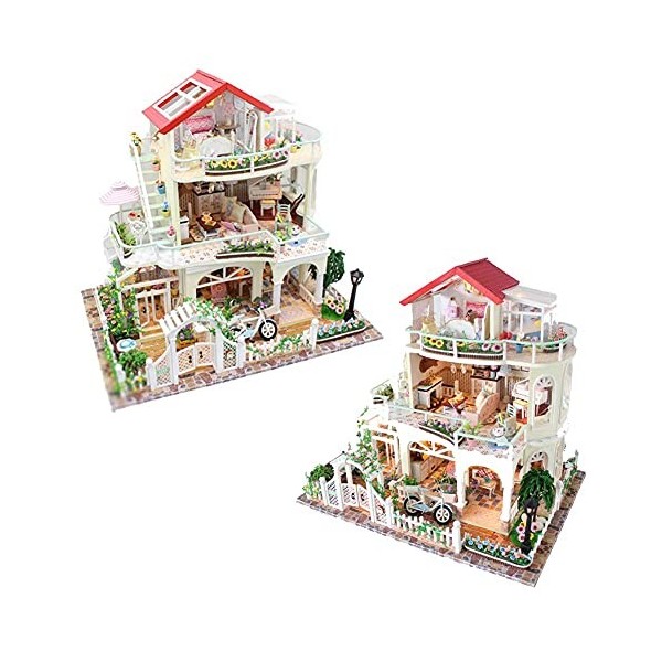 Maison de poupée 3D Bricolage Miniature 3 étages Jardin Villa modèle de Construction en Bois Maison de poupée Meubles LED Kit