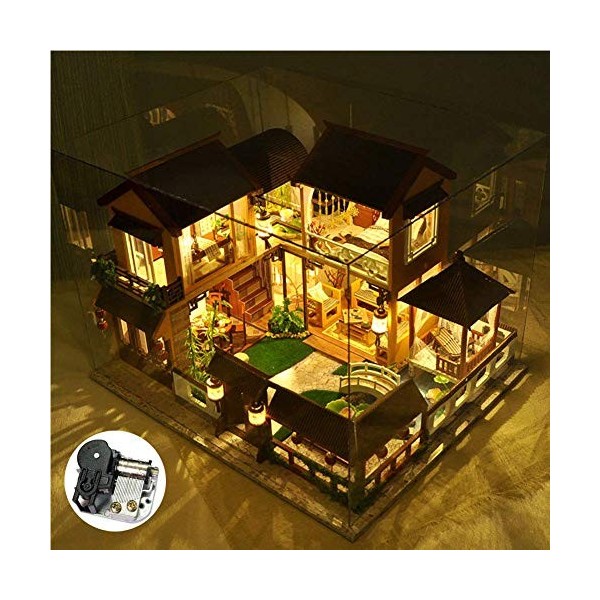 DIY Villa Chinoise Maison De Poupée Kit Miniature avec Musique Et Anti-Poussière Lotus Pond Moonlight Dolls House LED Lights 