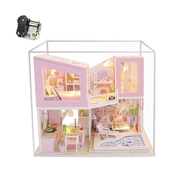 Kit miniature de maison de poupée bricolage avec anti-poussière et boîte à musique rose piscine villa maison de poupées en bo