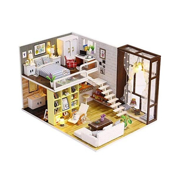 NXYDQ Maison de poupée Miniature en Bois Kit avec Poupée & Musique, Mini House Construction Woodcraft Puzzle-Kit- Model Set B