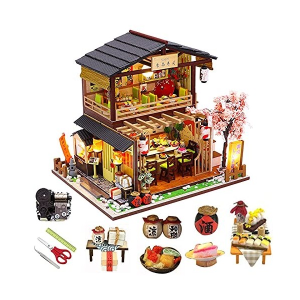 DIY Miniature Dollhouse Kit Vintage 3D Model Building Japanese Sushi Restaurant Birthday Gift Wooden Large Doll House Furnitu