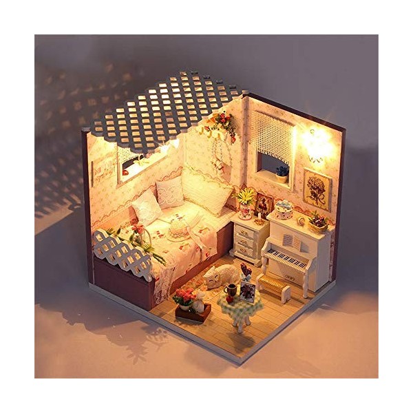 YBWEN Bricolage Jouet Maison Dollhouse DIY Miniature Maison Modèle LED Mobilier Kit avec Housse De Protection pour La Maison 