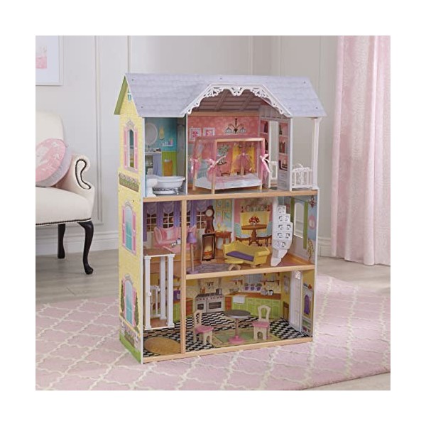 KidKraft Maison de poupée en Bois Kaylee incluant Accessoires et mobilier, 3 Étages de Jeu avec élévateur et Lit à Baldaquin 