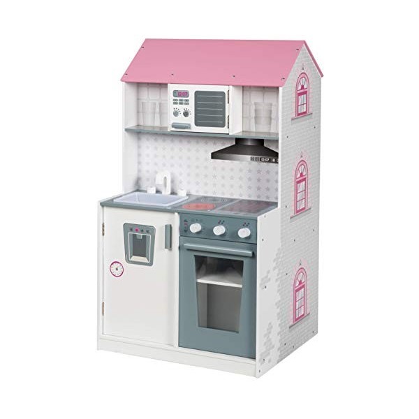 roba Maison de Poupée et Cuisine Enfant 2en1 - Maison en Bois à 3 Étages et 6 Pièces - pour Poupée de 32 cm - Rose/Blanc