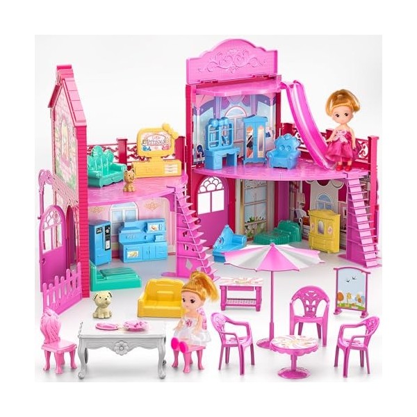 TEMI Dream Maison de poupée avec 2 accessoires pour filles de 3, 4, 5, 6, 7, 8, 9, 10 ans Rose