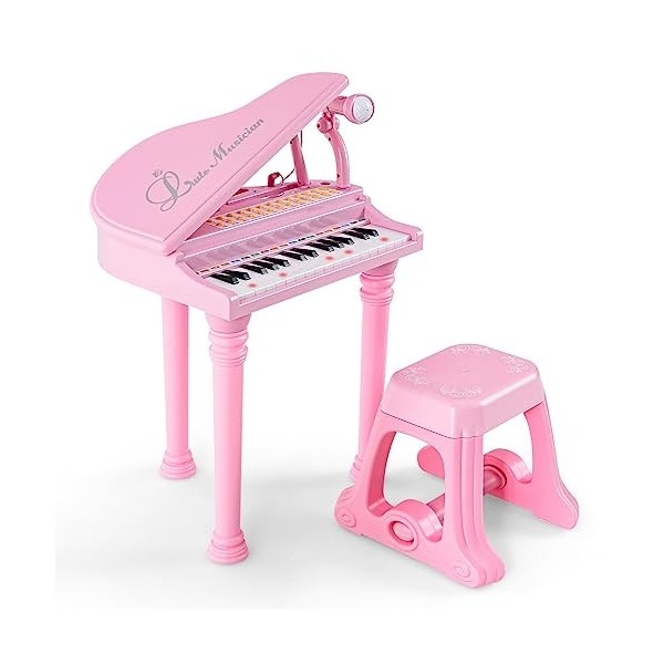 GYMAX Piano et tabouret pour enfants à 31/37 touches, clavier électronique pour enfants avec microphone, mode denseignement 