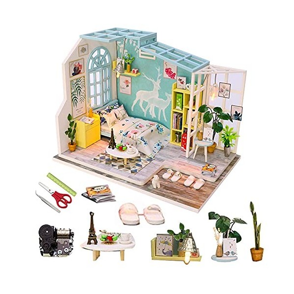 Kit De Maison De Poupée Miniature en Bois Bricolage 3D avec Meubles Et Accessoires, Salon, Chambre, Cuisine, Salle De Bain, C