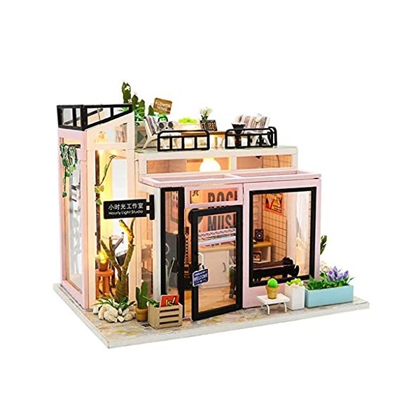 Kit Miniature De Maison De Poupée en Bois Bricolage avec Housse Anti-Poussière Et Lumière LED Et Boîte À Musique, Mini Kit D