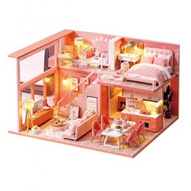 Maison de Poupée Miniature,Kit de Modèle Construction Bricolage Fait a la Main+Ensemble Doutils+Lumière LED+Cache Anti-pouss
