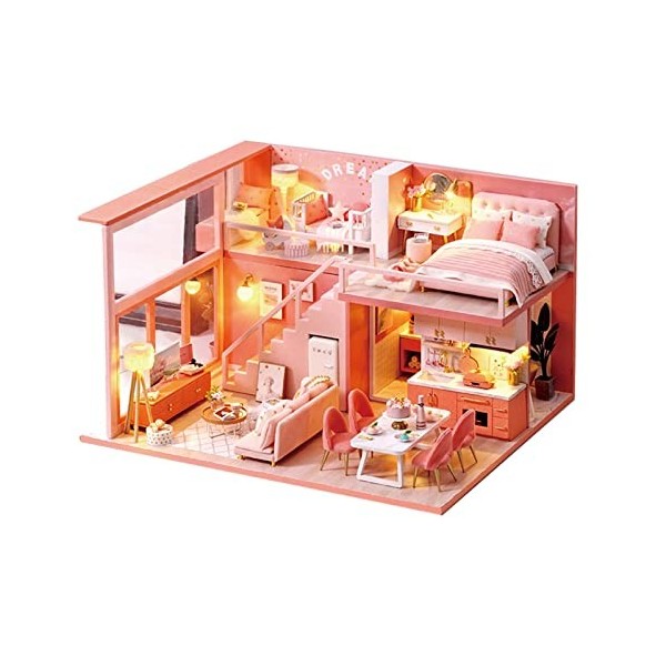 Maison de Poupée Miniature,Kit de Modèle Construction Bricolage Fait a la Main+Ensemble Doutils+Lumière LED+Cache Anti-pouss