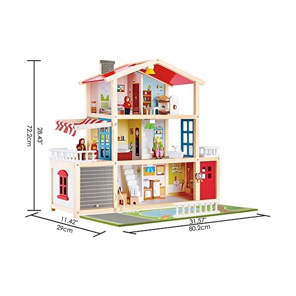 Jouet Hape Maison de Poupée en Bois - Famille de 4 Poupées Inclues avec 10 Pièces en Bois avec Lampes Amovibles et Sonnette -