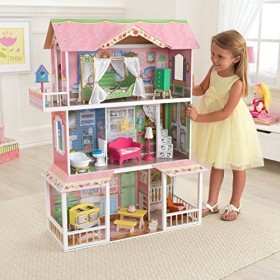 KidKraft Maison de Poupée en Bois Sweet Savannah incluant Accessoires et mobilier avec Un Chat et lit à baldaquin pour poupée