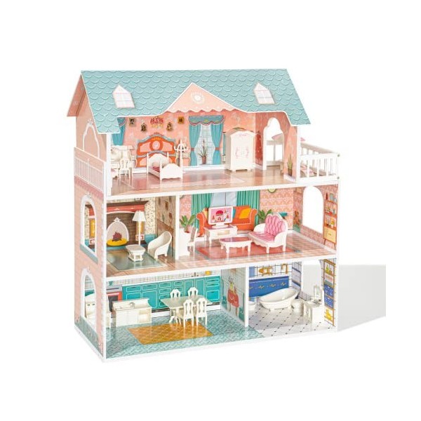 Ensemble de Maison de poupée en Bois avec Meubles et Accessoires, Grande Maison de poupée pour Enfants, Maison de Jouets de r