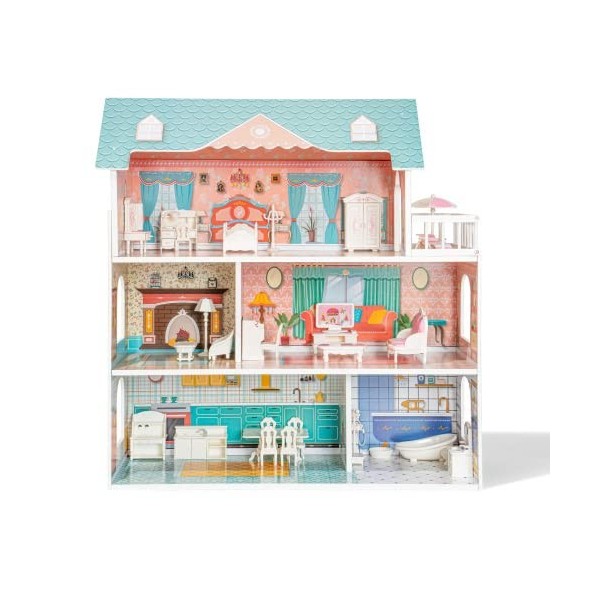 Ensemble de Maison de poupée en Bois avec Meubles et Accessoires, Grande Maison de poupée pour Enfants, Maison de Jouets de r