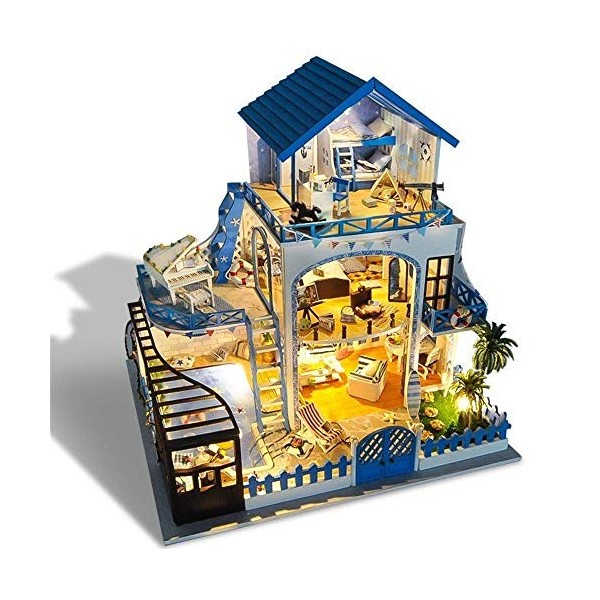 Miniature De Maison De Poupée De La Mer Égée Cottage avec Meubles, Kit De Maison De Poupée en Bois Bricolage Plus Anti-Poussi