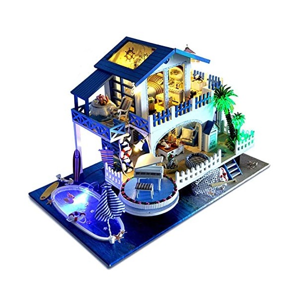 Kit Miniature De Maison De Poupée Bricolage avec Meubles Maison De Poupée en Bois 3D avec Couverture Modèle De Maison De Vill