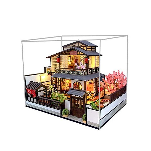 Kit Miniature De Maison De Poupée Bricolage avec Lumières LED Anti-Poussière 3D Modèle De Villa Japonaise en Bois Maison De P