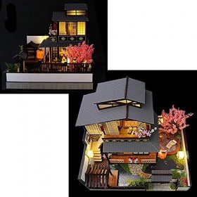 Kit Miniature De Maison De Poupée Bricolage avec Lumières LED Anti-Poussière 3D Modèle De Villa Japonaise en Bois Maison De P