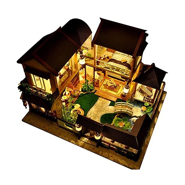 Bricolage Maison De Poupée Miniature avec Meubles en Bois Kit De Maison De Poupée avec Lumières LED Et Cache-Poussière Modèle