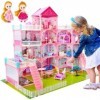 UNIH Maison de poupée pour filles, maison de jeu à 4 étages, 11 pièces avec 2 figurines de poupées avec lumière, accessoires,