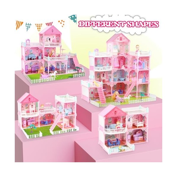 UNIH Maison de poupée pour filles, maison de jeu à 4 étages, 11 pièces avec 2 figurines de poupées avec lumière, accessoires,