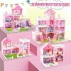 UNIH Maison de poupée pour filles, maison de jeu à 4 étages, 11 pièces avec 2 figurines de poupées avec lumière, accessoires,