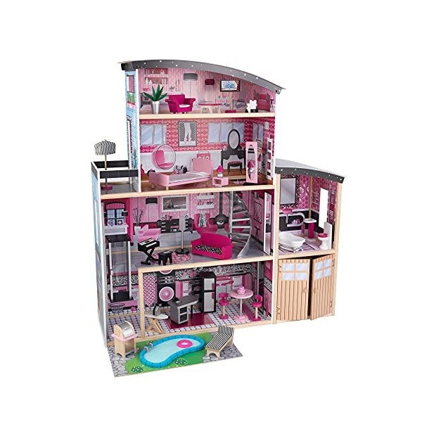 KidKraft Maison de Poupée Sparkle en Bois incluant Accessoires et mobilier avec Un Chat, élévateur, Garage et Piscine pour po