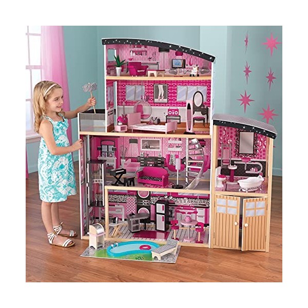 KidKraft Maison de Poupée Sparkle en Bois incluant Accessoires et mobilier avec Un Chat, élévateur, Garage et Piscine pour po