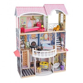 KidKraft Maison de Poupée en Bois Magnolia incluant Accessoires et Mobilier, 3 étages de Jeu avec Balcon et Ascenseur pour Po