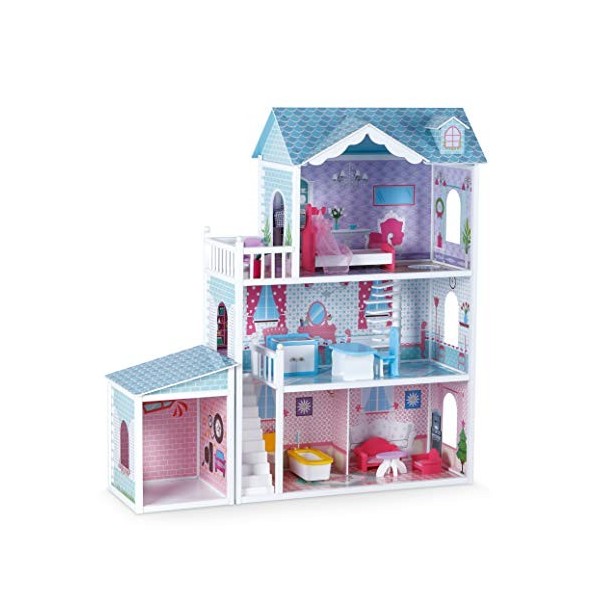 Small Foot 11068 Maison de poupée Villa de Luxe en Bois, 3 étages avec Garage Comprenant 12 Meubles, pour Les 8 Ans Jouets, M