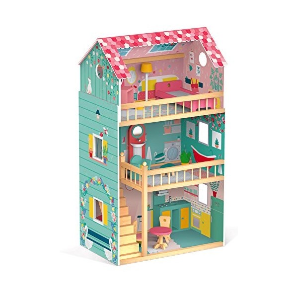 woodienchen Janod Wooden Toy Doll House Wooden Dolls House Furniture, 60.8 x 37,9 Maxi Happy Day X 105,3 cm, Multi