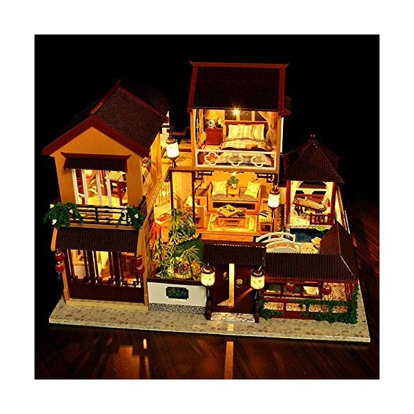 Kit Miniature De Maison De Poupée De Villa Chinoise Bricolage avec Musique Et Anti-Poussière Lotus Pond Moonlight Maison De P