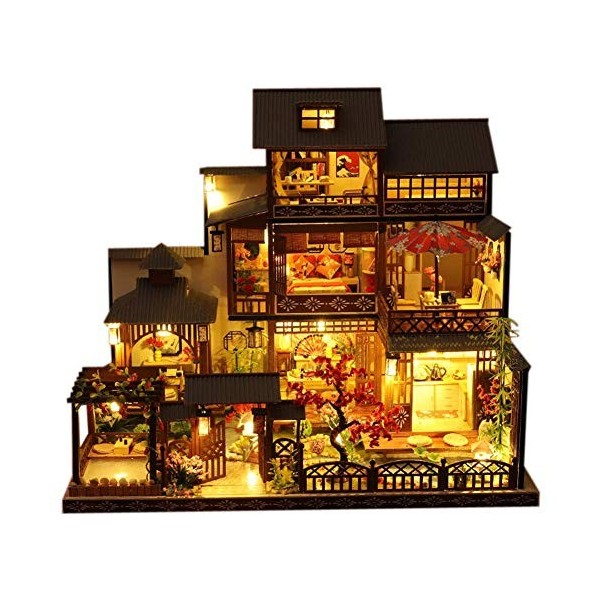 Kit Miniature De Maison De Poupée De Musique De Bricolage avec Anti-Poussière Et Lumières LED Grande Villa Japonaise Maison D