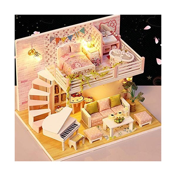 BTTNW Maison De Poupée Miniature Bricolage Salle Miniature Set-Construction en Bois Modèle Kit-bâtiment en Bois Set-Mini Mais